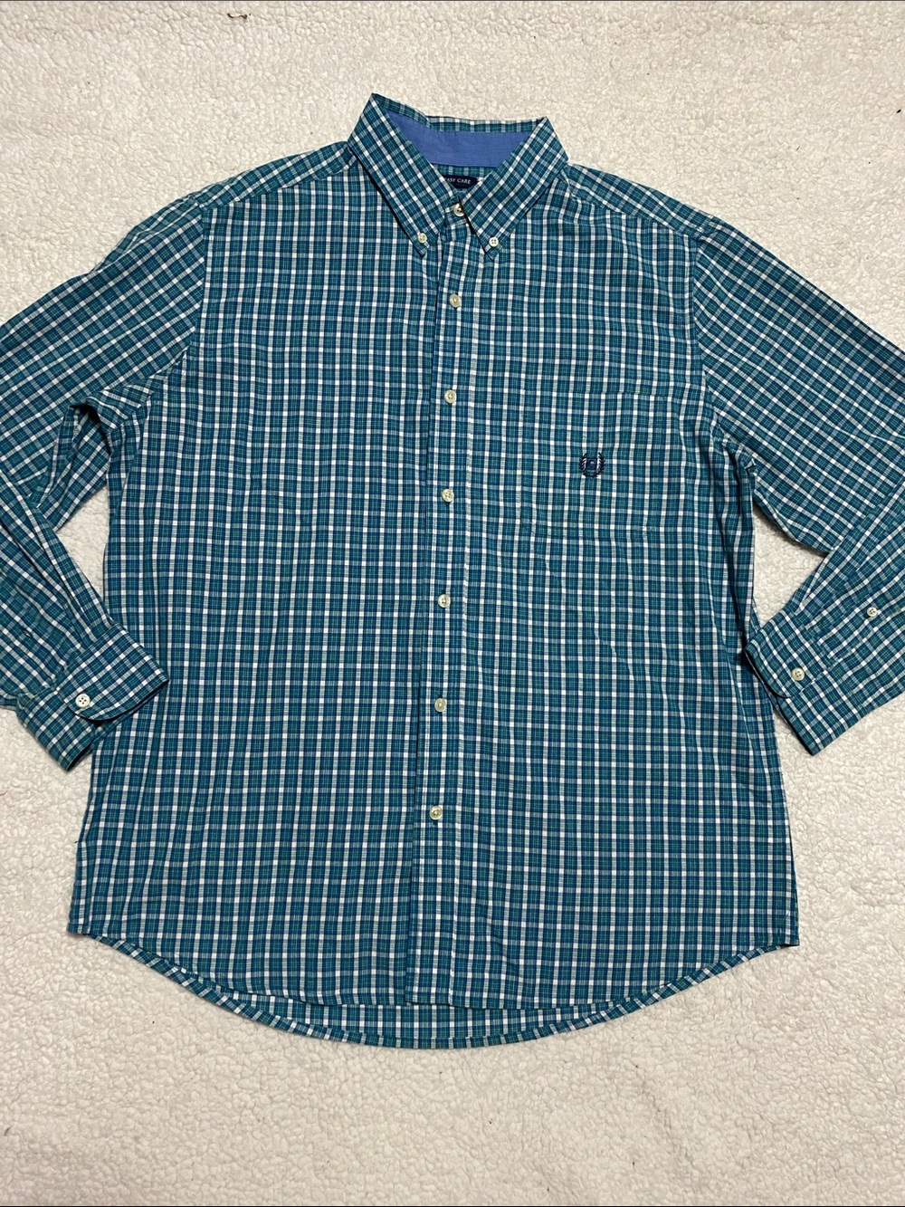 Chaps Men's size large L  Teal Plaid Button-Down dress Shirt